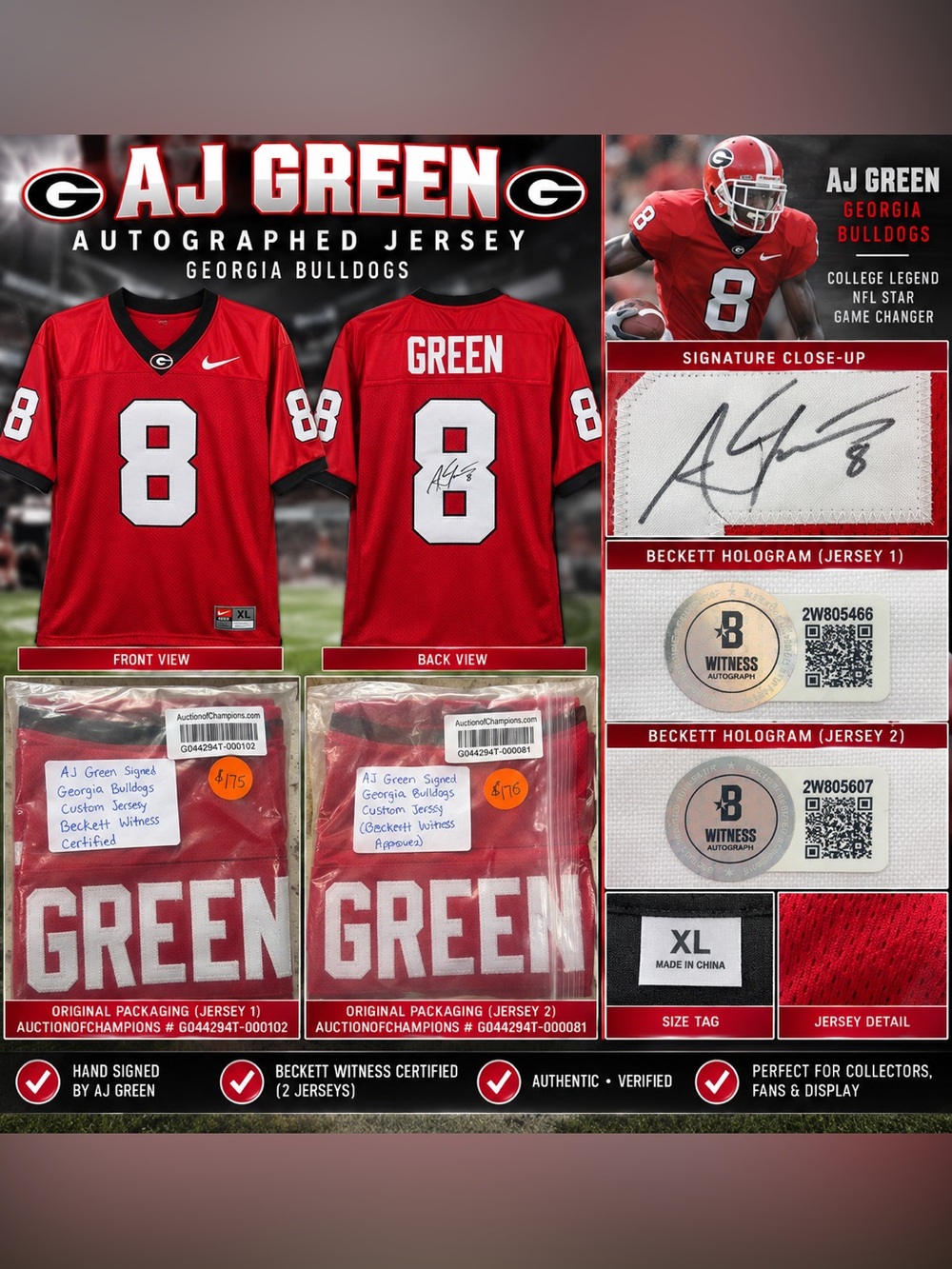 Two AJ GREEN Beckett certified Auto Jerseys
